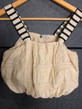 Zara Cream Bubble Overalls with Black-Striped Straps